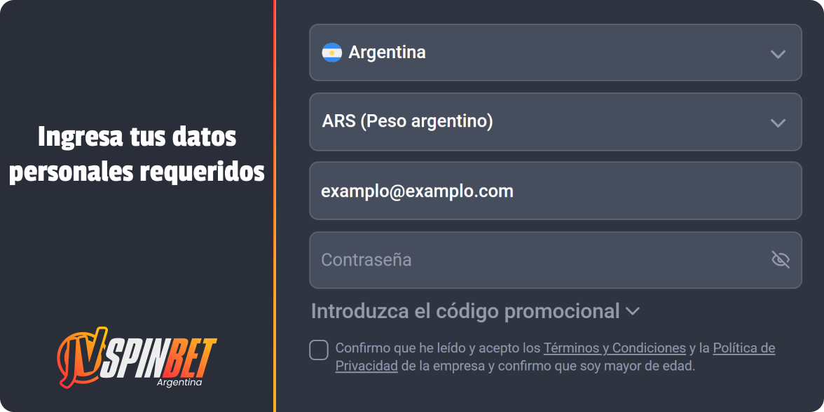 Complete su correo electrónico y otros datos personales - Registro en JV Spin Casino