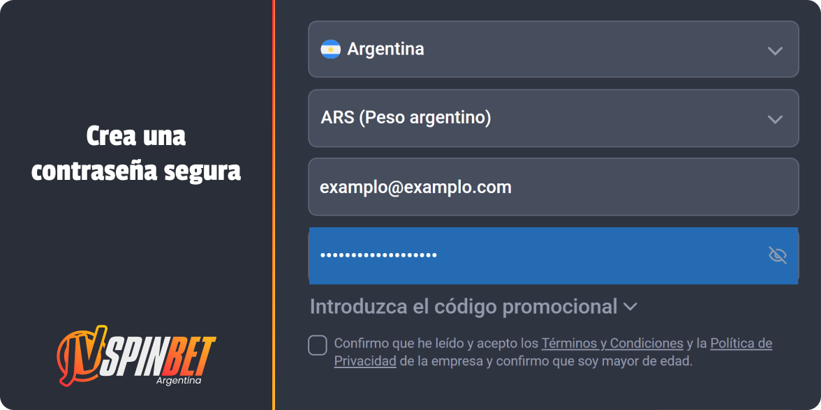 Elija la contraseña segura - Registro en JV Spin Casino