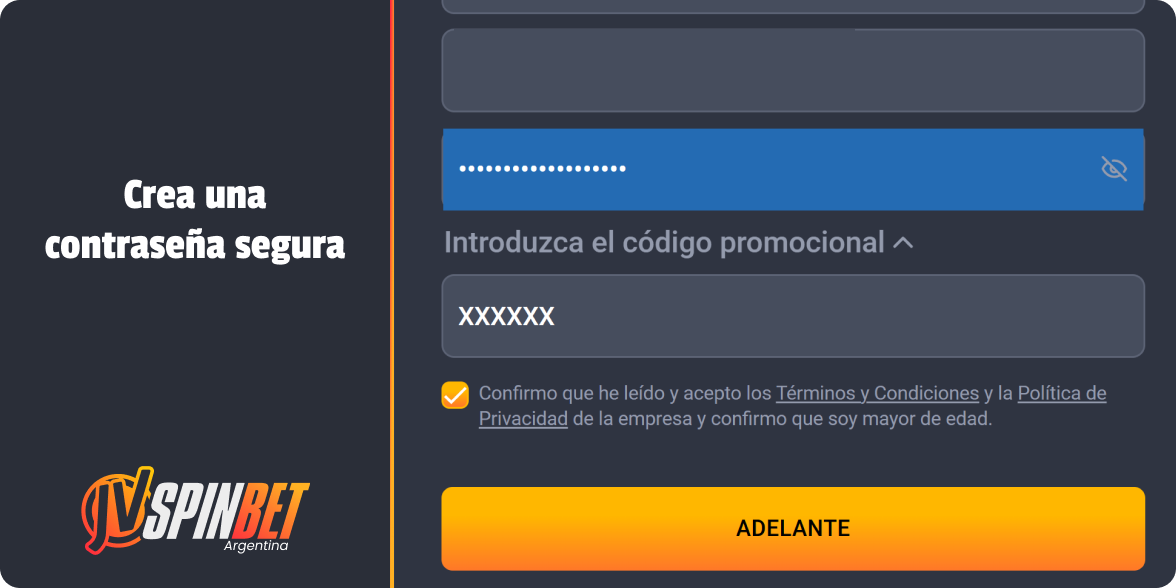 Complete el código de promoción si lo tiene - Registro en JV Spinbet Casino